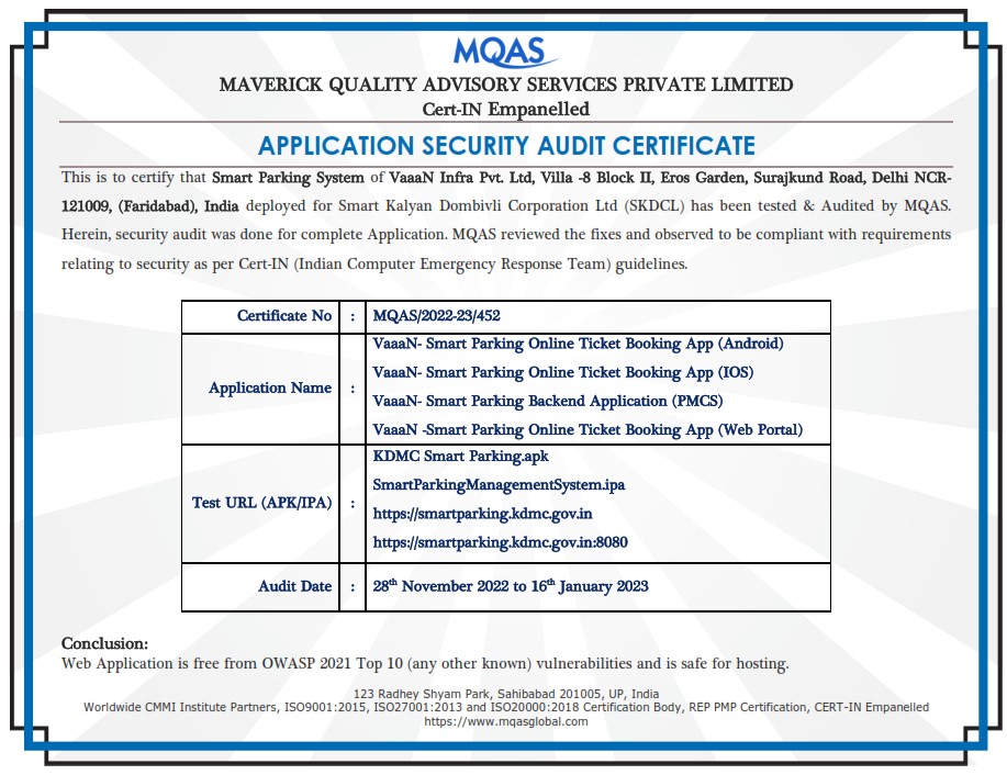 Smart Parking Management System Security Audit Certificate