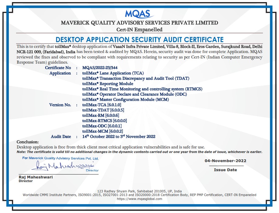 Toll Management System Security Audit Certificate
